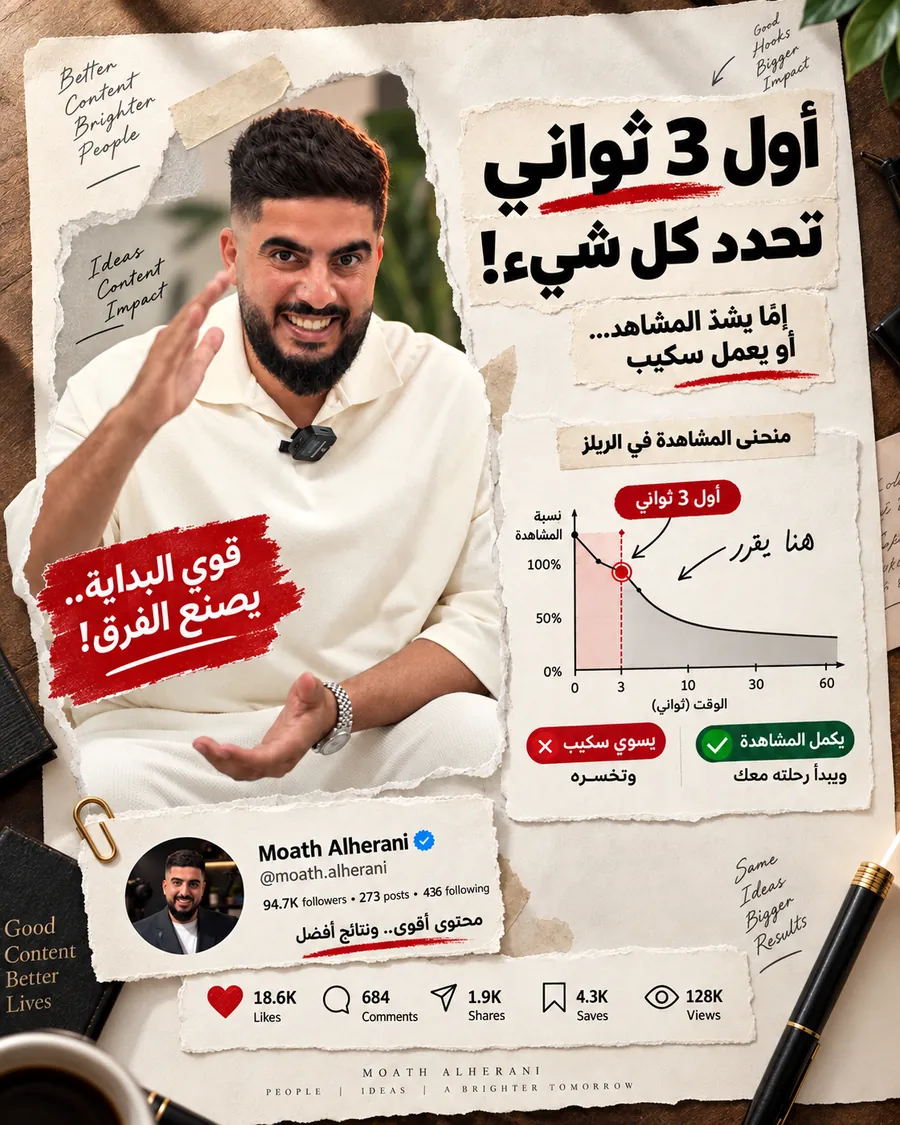 Moath Alherani on why the first 3 seconds decide everything, with a reel retention curve